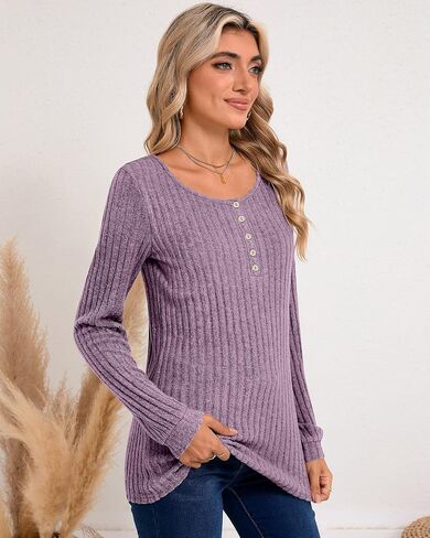 Ficerd 2 Pcs Women's Lightweight Sweaters Long Sleeve Ribbed Knit Tops Henley Shirts Crew Neck Casual Tee Solid Color Tunics in Saudi Arabia