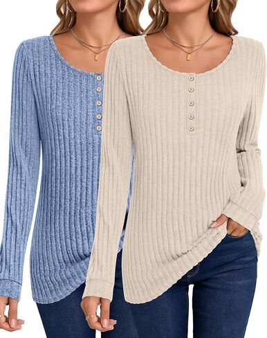 Ficerd 2 Pcs Women's Lightweight Sweaters Long Sleeve Ribbed Knit Tops Henley Shirts Crew Neck Casual Tee Solid Color Tunics in Saudi Arabia
