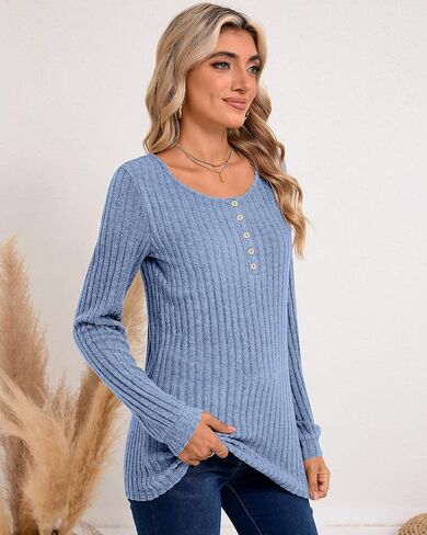 Ficerd 2 Pcs Women's Lightweight Sweaters Long Sleeve Ribbed Knit Tops Henley Shirts Crew Neck Casual Tee Solid Color Tunics in Saudi Arabia