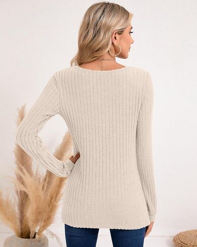 Ficerd 2 Pcs Women's Lightweight Sweaters Long Sleeve Ribbed Knit Tops Henley Shirts Crew Neck Casual Tee Solid Color Tunics in Saudi Arabia