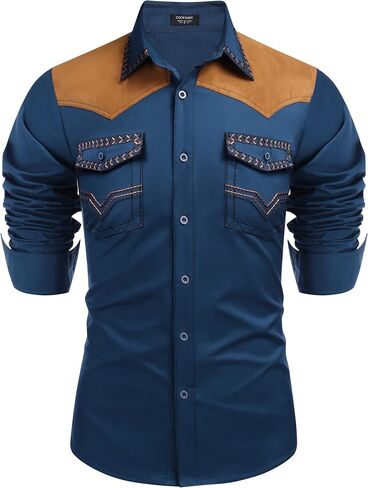 COOFANDY Men's Western Cowboy Shirt Embroidered Long Sleeve Slim Fit Casual Cotton Button Down Hippie Shirts with Pockets in Kuwait