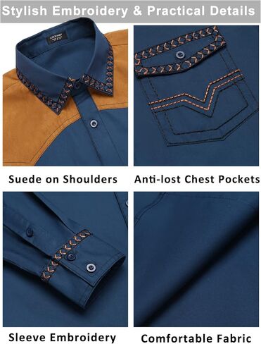 COOFANDY Men's Western Cowboy Shirt Embroidered Long Sleeve Slim Fit Casual Cotton Button Down Hippie Shirts with Pockets in Kuwait