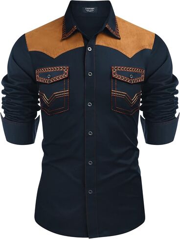 COOFANDY Men's Western Cowboy Shirt Embroidered Long Sleeve Slim Fit Casual Cotton Button Down Hippie Shirts with Pockets in Kuwait
