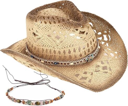 Men's Women's Straw Cowboy Hat Cowgirl Woven Sun Hat Western Cowboy Hat Two Decorative Bands in Saudi Arabia