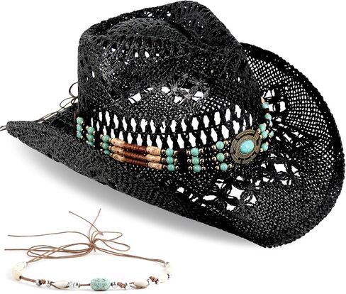 Men's Women's Straw Cowboy Hat Cowgirl Woven Sun Hat Western Cowboy Hat Two Decorative Bands in Saudi Arabia