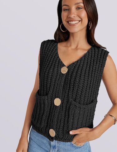 UEU Womens Chunky Sweater Vest Button Down Sleeveless Cardigan V Neck Crop Crochet Knit Tops 2025 Fashion Trendy Clothes in Saudi Arabia