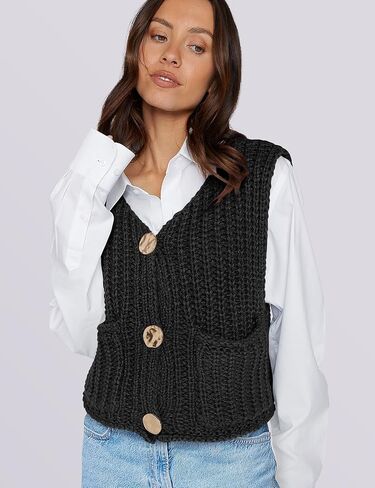 UEU Womens Chunky Sweater Vest Button Down Sleeveless Cardigan V Neck Crop Crochet Knit Tops 2025 Fashion Trendy Clothes in Saudi Arabia