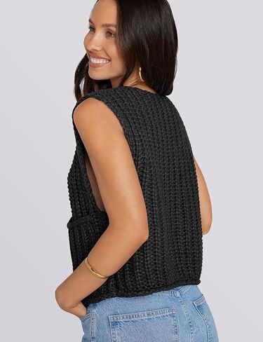 UEU Womens Chunky Sweater Vest Button Down Sleeveless Cardigan V Neck Crop Crochet Knit Tops 2025 Fashion Trendy Clothes in Saudi Arabia