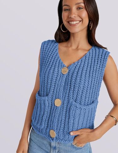 UEU Womens Chunky Sweater Vest Button Down Sleeveless Cardigan V Neck Crop Crochet Knit Tops 2025 Fashion Trendy Clothes in Saudi Arabia