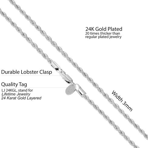 LIFETIME JEWELRY 24k Real Gold Plated 3mm Gold Rope Chain for Men & Women Diamond Cut Gold Chain Necklace Women & Necklace for Men 14 to 36 Inch in Kuwait