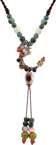 MINACHI Vintage Bohemian Hippie Ceramic Beads Crescent Moon Lariat Necklace, Boho Hippie Statement Jewelry Gift for Women in Kuwait