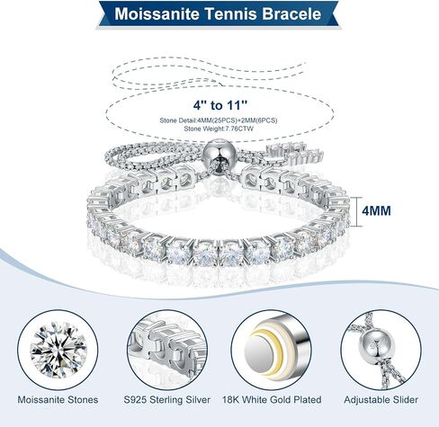 Moissanite Tennis Bracelet, 1.52ct-7.76ct Diamond Bracelets for Women, 18K White Gold Plated S925 Sterling Silver Adjustable Tennis Bracelets, D Color VVS1 Round Brilliant Cut Lab Created Moissanite Bracelets Trendy Gifts for Her in Saudi Arabia