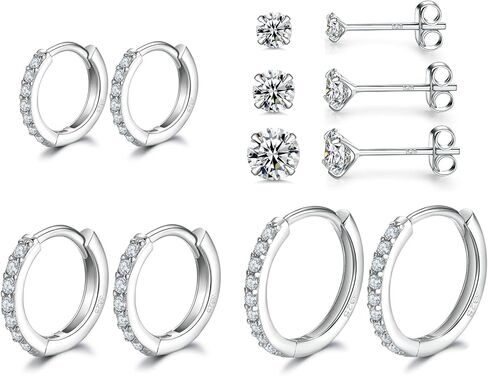 Dlihc Sterling Silver Hoop Earrings | Sterling Silver Stud Earrings for Women - 6 Pairs Hypoallergenic Tiny Cubic Zirconia Stud Earrings Set & Cartilage Earring Hoops in Saudi Arabia
