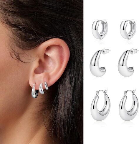 MIDEEO Gold/Sliver Chunky Hoop Earrings Set for Women, 14K Gold Plated Twisted Huggie Hoop Earring Hypoallergenic Thick Open Lightweight Chunky Hoop Earrings Jewelry for Gifts in Kuwait