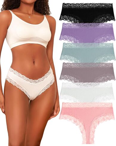 FINETOO Womens Cotton Underwear Sexy Lace Hipster Panties Soft Breathable Cotton Brazilian Bikini Ladies 6 Pack in Kuwait