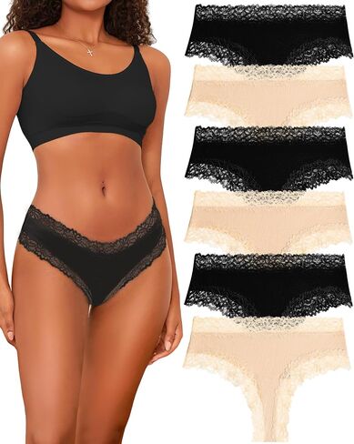 FINETOO Womens Cotton Underwear Sexy Lace Hipster Panties Soft Breathable Cotton Brazilian Bikini Ladies 6 Pack in Kuwait