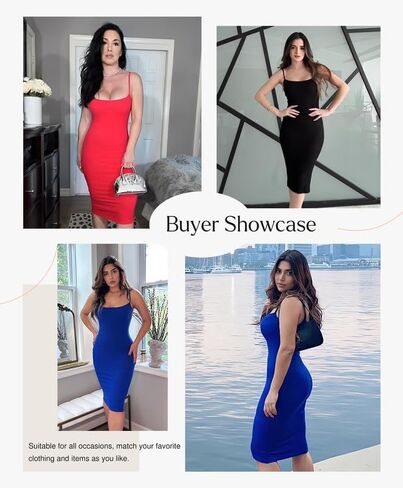 Popilush Shapewear Dress Bodycon Midi Dress Built-in Bra Summer Casual Tummy Control Slip Dress with Adjustable Straps in Kuwait