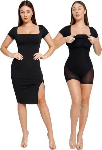 Popilush Shapewear Dress Shaper Formal Midi Work Dress for Women Square Neck Short Sleeve Slit Dresses in Kuwait