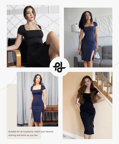 Popilush Shapewear Dress Shaper Formal Midi Work Dress for Women Square Neck Short Sleeve Slit Dresses in Kuwait