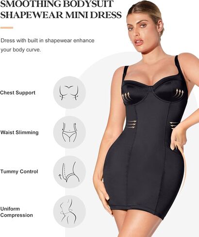 Popilush Shapewear Dress Satin Corset Dresses for Women Wedding Guest Metallic Shiny Deep V Neck Mini Slip Dress in Saudi Arabia
