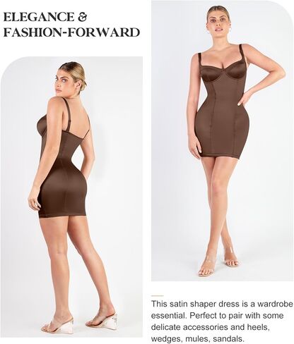 فستان Popilush لملابس داخلية من الساتان، فساتين مشد للنساء لحفلات الزفاف، فستان قصير سهل الانزلاق برقبة على شكل حرف V لامع لامع وعميق على شكل حرف V in Kuwait