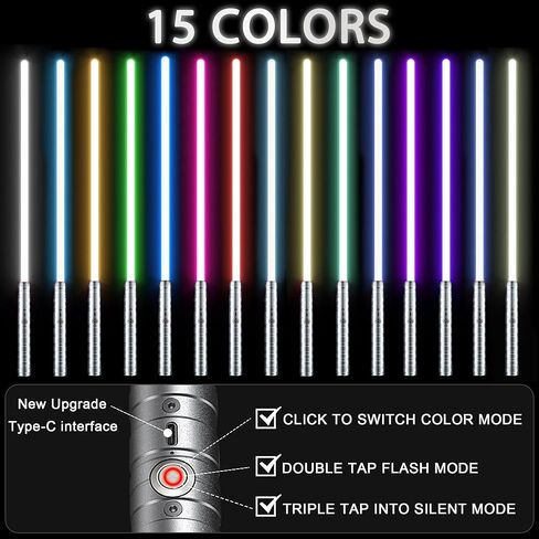 2 في 1 سيف ضوئي مبارز بمقبض معدني 15 لون RGB مع 4 أوضاع و6 مؤثرات صوتية USB قابل لإعادة الشحن وقابل للفصل للأطفال والكبار مثالي لعيد ميلاد الأطفال وعيد الهالوين وعيد الميلاد in Kuwait