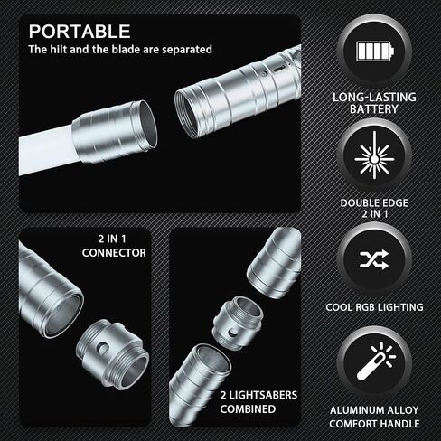 2 في 1 سيف ضوئي مبارز بمقبض معدني 15 لون RGB مع 4 أوضاع و6 مؤثرات صوتية USB قابل لإعادة الشحن وقابل للفصل للأطفال والكبار مثالي لعيد ميلاد الأطفال وعيد الهالوين وعيد الميلاد in Kuwait