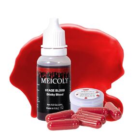MEICOLY 0.5OZ Edible Fake Blood with 6 Packs Empty Capsules,Professional Washable Stage Blood,Realistic Dripping Sticky Fake Blood for Halloween, SFX,Special Effect Makeup for Zombie Vampire