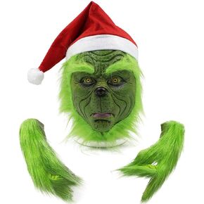 Christmas Costume Mask and Gloves, Green Monster Mask With Santa Hat for Christmas Halloween, Costume Latex Mask Adult, Scary Full Head Mask Party Prop Christmas Decorations