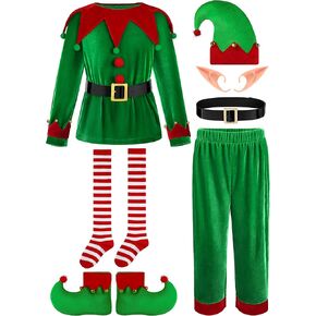6 Pack Christmas Kids Elf Costume, Boys Christmas Elf Costume Velvet Cosplay Santa's Helper Costume Xmas Outfit