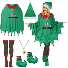 Berlune 7 Pcs Christmas Elf Poncho Costume for Women Adult Santa Outfit Elf Poncho Xmas Hat Jingle Bells Necklace Striped Socks Elf Shoes
