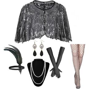 1920s Flapper Accessories Set, Roaring 20s Accessories Women Feather Headpiece Necklace Earrings Long Gloves,Black Gold
