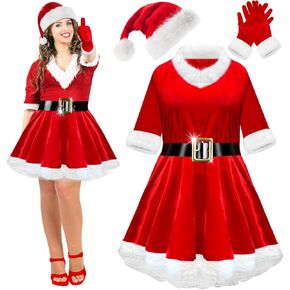 Mrs. Claus Costumes for Women 4PCS Santa Claus Costume Women Velvet Santa Dress Hat Gloves for Christmas Party