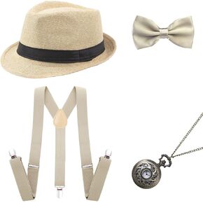 BABEYOND 1920s Mens Gatsby Gangster Accessories Set Panama Hat Suspender Bow Tie