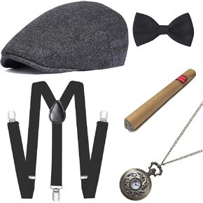 BABEYOND 1920s Mens Gatsby Gangster Costume Accessories Set 30s Manhattan Fedora Hat Bow Tie Suspenders