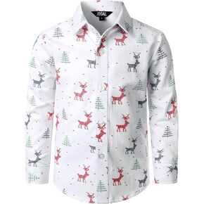 JOGAL Boys Christmas Shirts Santa Claus Party Long Sleeve Button Down Shirts for 6-14 Years Old for 6-14 Years Old