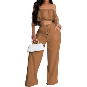 Elegant Two Piece Cover Ups for Women Vacation Sexy Blue Off The Shoulder Tube Top Wide Leg Pants Bikini Sets Swimwear Beach with Drawstring(2X-Large)