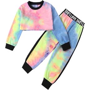 Betusline Girls 2 Piece Outfits Girls Cropped Sweatsuit Pants Outfit Clothes Set, 4T-14 Years