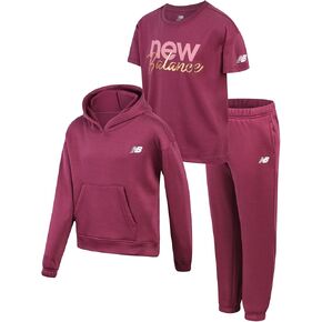New Balance Girls' Sweatsuit Set - 3 Piece Active Poly Fleece Pullover Hoodie, Graphic Tee, and Jogger Pants for Girls (7-12)