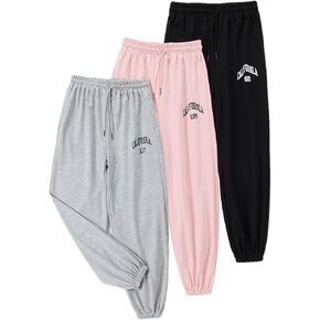 EXARUS 3 Pack Girls' Letter Graphic Print Sweatpants with Pockets Sweat Pants High Waisted Cute Joggers Pants 6-14Y