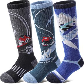 Kids Merino Wool Ski Socks Boys Girls Thermal Winter Warm Thick Cozy Socks for Skiing Snowboarding 3 Pairs