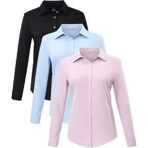 Star Vibe Women's Button Down Shirts Long Sleeve V Neck Collared Work Office Blouse Casual Solid Tops 3 Pack
