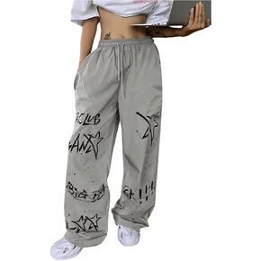 GORGLITTER Women's Y2k Baggy Parachute Pants Drawstring High Waisted Track Pants