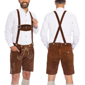 BAVARIA TRACHTEN Lederhosen للرجال - جلد طبيعي أصلي ألماني Lederhosen للرجال، زي مهرجان أكتوبر - قصير بني داكن
