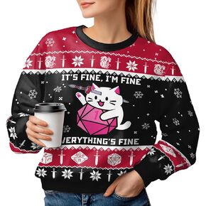 34HD Cat Print Ugly Christmas Sweater for Women, Cat Lovers Sweater Long Sleeve, Funny Cat Gifts