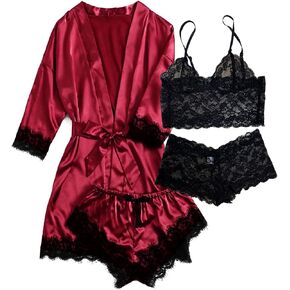 Hellomamma Silk Pajama Sets for Women: Satin Sexy Lingerie 4 Piece Sleepwear Cami Lace Pjs Set with Robes