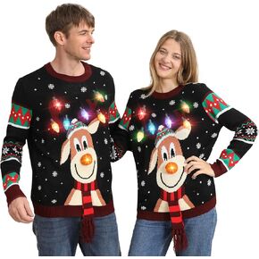 Ugly Christmas Sweater Women Men,Light Up Christmas Sweater for Couples,Funny Cute Reindeer LED Xmas Tacky Sweaters