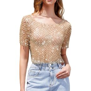 Women's Pearl Mesh Sheer Crop Top Sparkly Short Sleeve Glitter See Through Sexy Tee Shirt for Casual Party Club in Kuwait