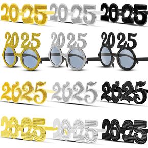 12 Pcs 2025 Happy New Year Glasses Glitter 2025 Number Eyeglasses for Happy New Years Party Supplies Adults Festival Prom Costume Photo Props