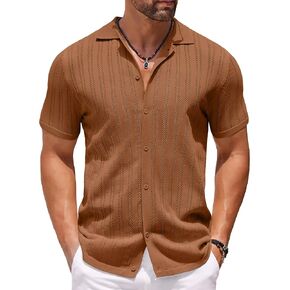 COOFANDY Men's Knit Shirts Short Sleeve Button Down Polo Shirt Crochet Casual Vintage Summer Beach Shirts in Saudi Arabia